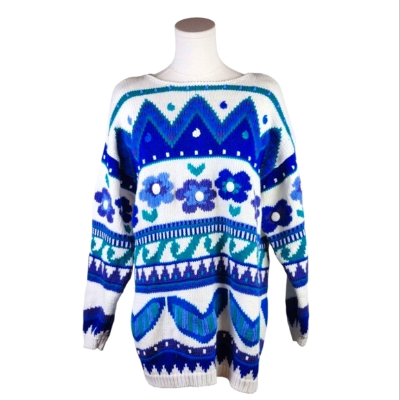 Vintage Worthington 80s Floral Knit Sweater L Bold Blue Geometric Pullover - Picture 1 of 7